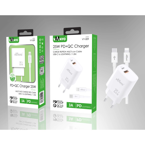 Cargador de 25W PD3.0 + QC3.0 GaN de Carga Rapido en Blanco con Cable Type-C - Lightning
