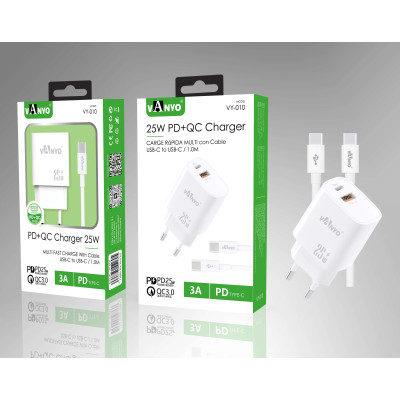 Cargador de 25W PD3.0 + QC3.0 GaN de Carga Rapido en Blanco con Cable Type-C - Type-C