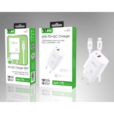 Cargador de 30W PD3.0 + QC3.0 GaN de Carga Rapido en Blanco con Cable Type-C - Lightning