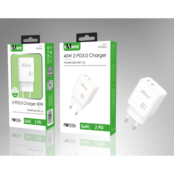 Cargador de 40W 2 PD3.0 GaN de Carga Rapido en Blanco