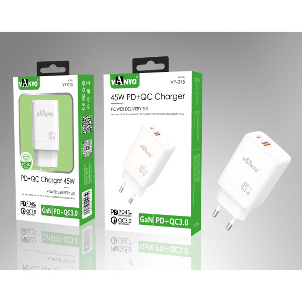 Cargador de 45W PD3.0 + QC3.0 GaN de Carga Rapido en Blanco