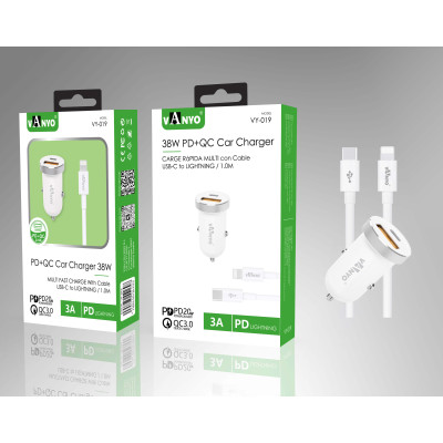 Cargador de Coche 38W PD3.0 + QC3.0 de Carga Rapido en Blanco con Cable Type-C - Lightning