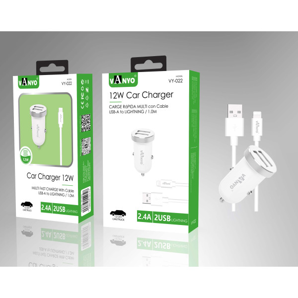 Cargador de Coche 12W 2 USB de Carga Rapido en Blanco con Cable USB - Lightning