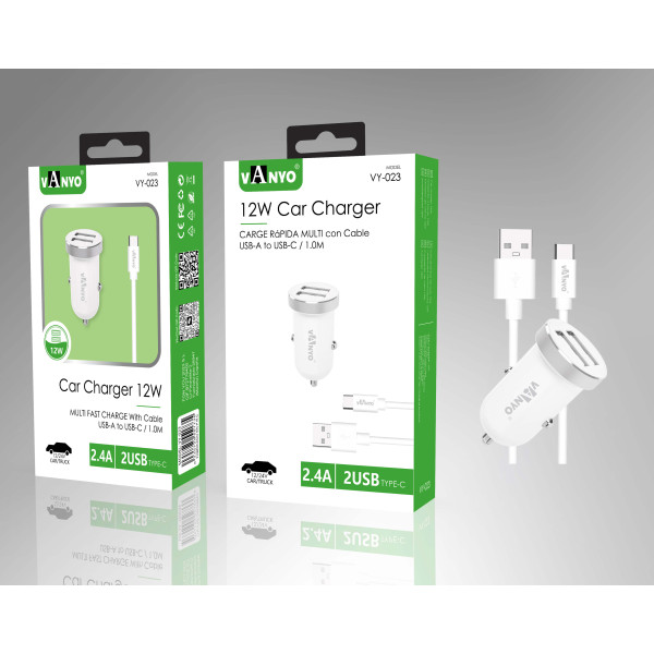 Cargador de Coche 12W 2 USB de Carga Rapido en Blanco con Cable USB - Type-C