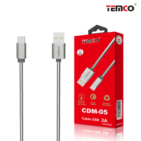 Cable de Metal en Micro 5 Pin V8 2A 1M en Plata
