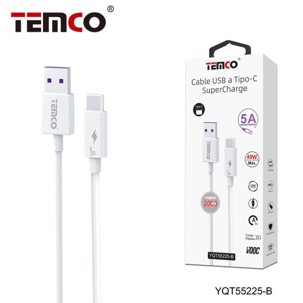 Cable USB a Type-C en 5A QC 3.0 Super Charge de 2M en Blanco Estilo Huawei