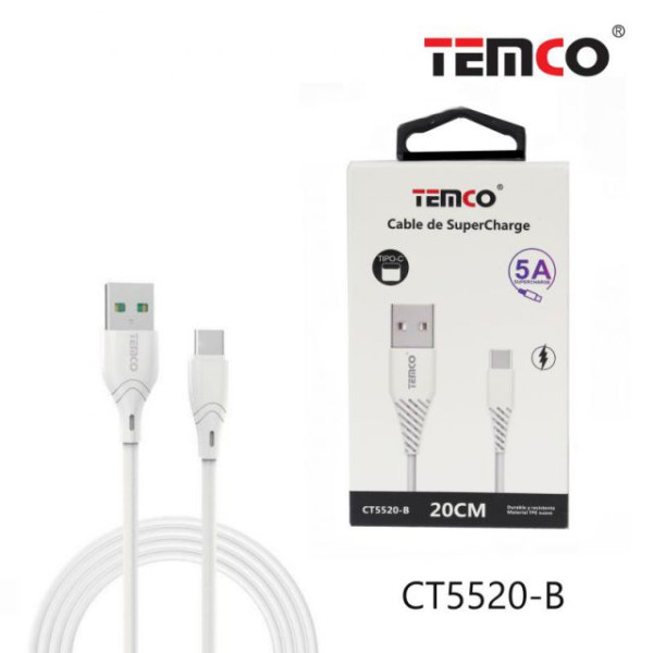 Cable USB a Type-C en 5A de 20CM en Blanco