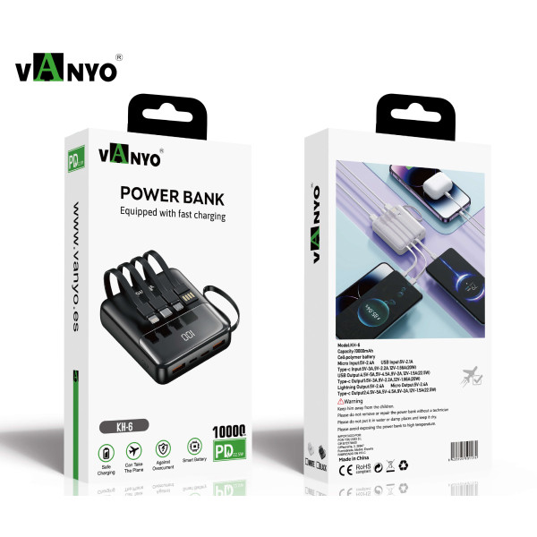 KH-6 Bateria Externa 10000 mAh con Cable Tipe-C Litning USB V8 de Carga Rapida 22.5W Power Bank