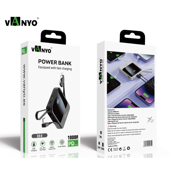 KH-8 Bateria Externa 10000 mAh con Cable Tipe-C Litning USB V8 de Carga Rapida 22.5W Power Bank con Linterna