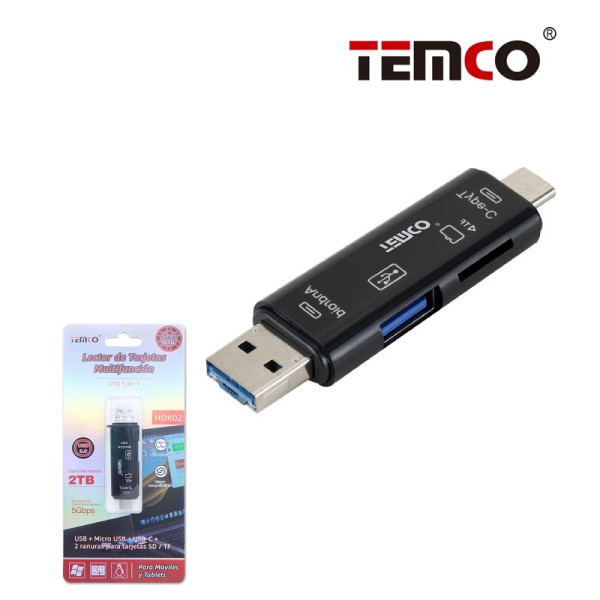 Adaptador OTG 5 EN 1 Negro USB+Micro USB+ USB-C+ 2 Ranuras para Tarjetas SD/TF