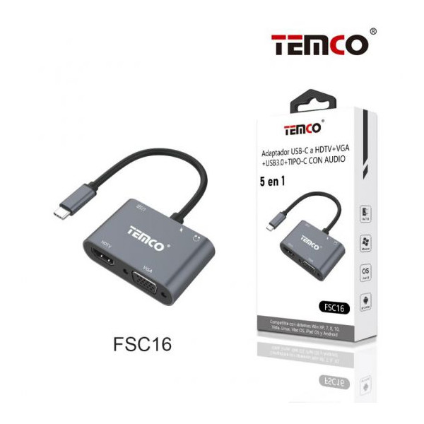 Adaptador USB-C a HDTV+VGA+USB 3.0+ Type C audio