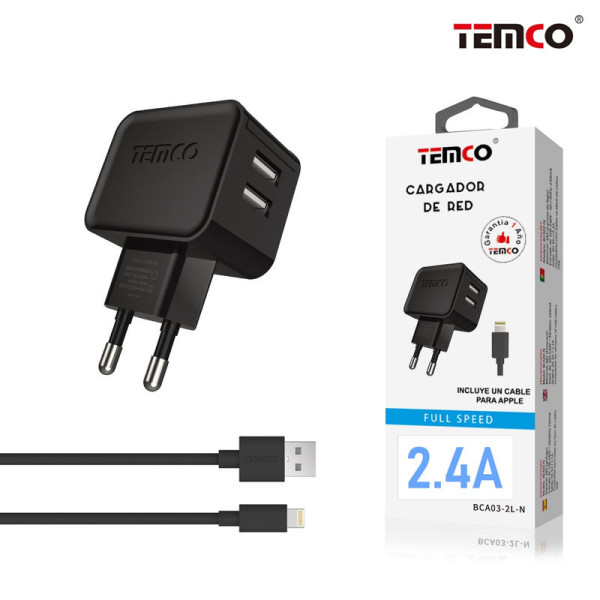 Pack Cargador 2.4A + Lightning 2.4 1m Negro