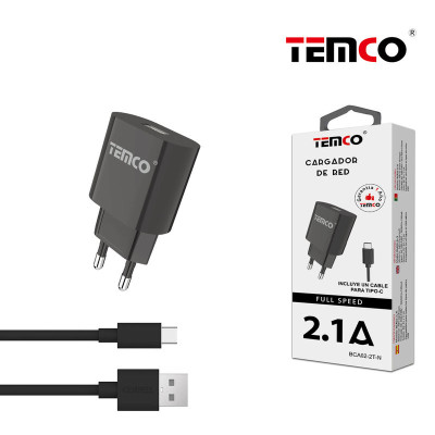 Pack Cargador 2.1A + Tipo C 2A 1m Negro