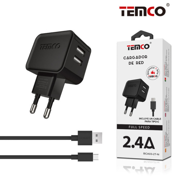 Pack Cargador 2.4A + Tipo C 2A 1m Negro