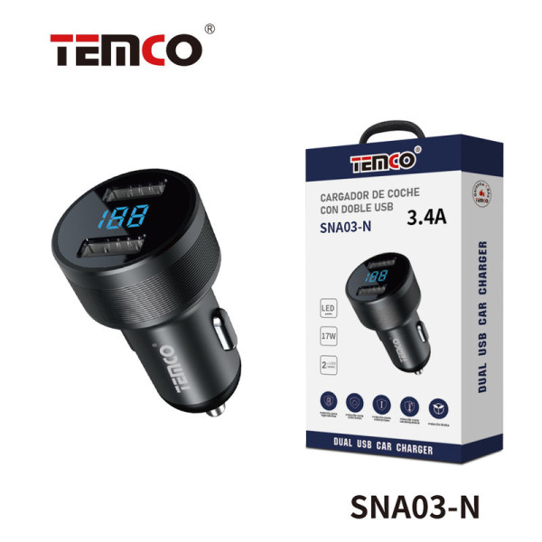 Cargador Coche Dual USB 3.4A/ Indicador Led/ Negro