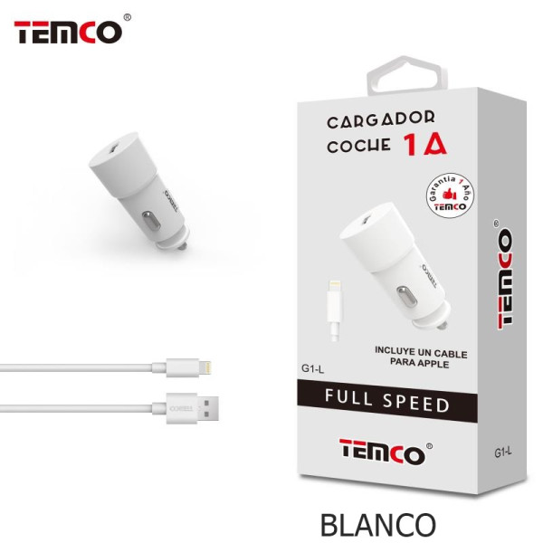 Pack Cargador Coche 1A + Lightning 1A 1m Blanco