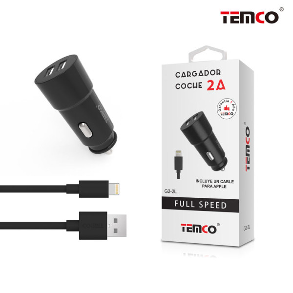 Pack Cargador Coche 2.1A + Lightning 2A 1m Negro
