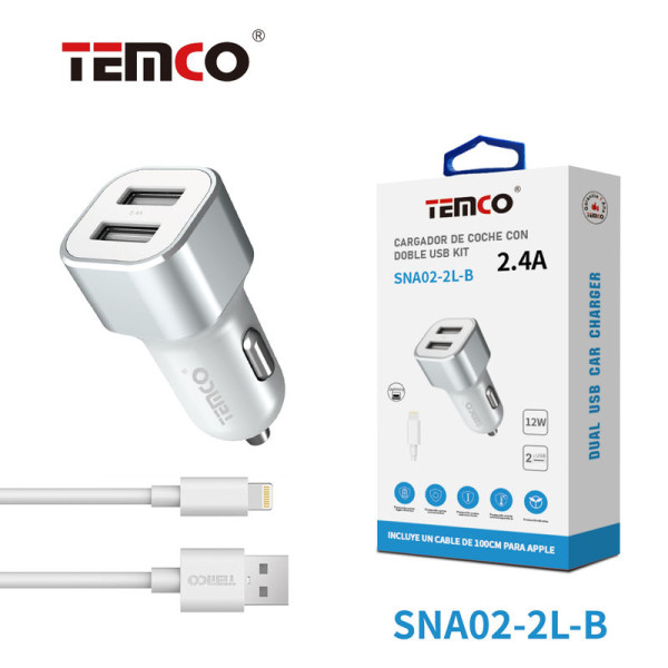 Car. Coche 2x USB 2.4A + Lightning 2a 1m Blanco