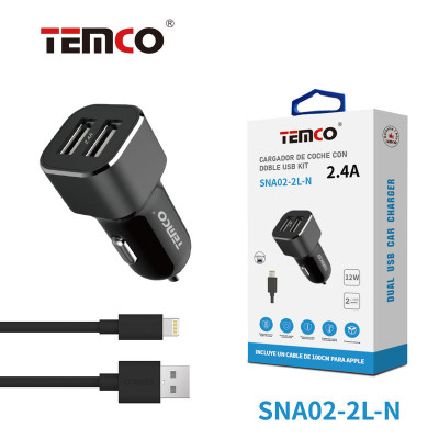 Car. Coche 2x USB 2.4A + Lightning 2a 1m Negro