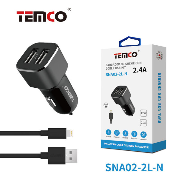 Car. Coche 2x USB 2.4A + Lightning 2a 1m Negro