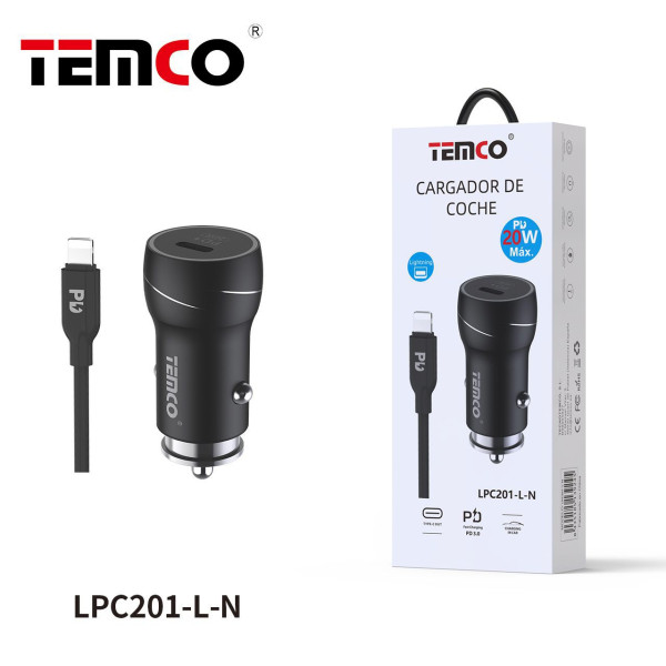 Pack Cargador De Coche PD20W+ Cable Tipo C a Lightning Negro
