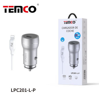 Pack Cargador De Coche PD20W+ Cable Tipo C a Lightning Plata
