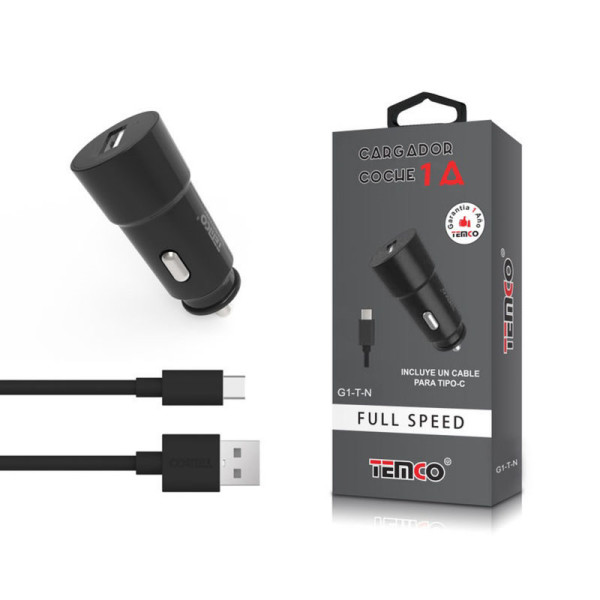 Pack Cargador Coche 1A + Tipo C 5P 1A 1m Negro