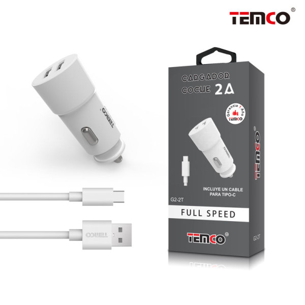 Pack Cargador Coche 2.1A + Tipo C 2A 1m Blanco