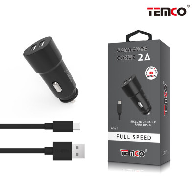 Pack Cargador Coche 2.1A + Tipo C 2A 1m Negro