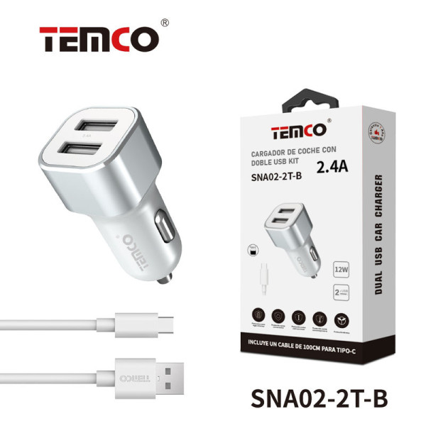 Cargador de Coche 2xUSB + Tipo C 2A 1m Blanco