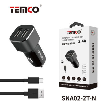Cargador Coche 2xUSB + Tipo C 2A 1m Negro