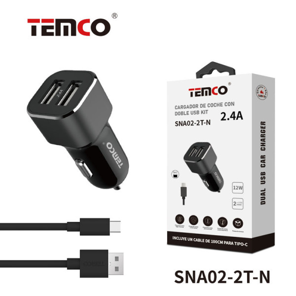 Cargador Coche 2xUSB + Tipo C 2A 1m Negro