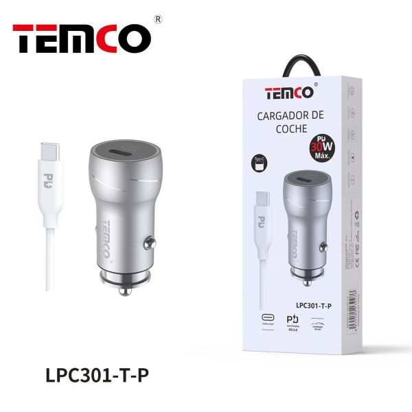 Pack Cargador Coche PD20W + Cable Tipo C a Lightning Plata