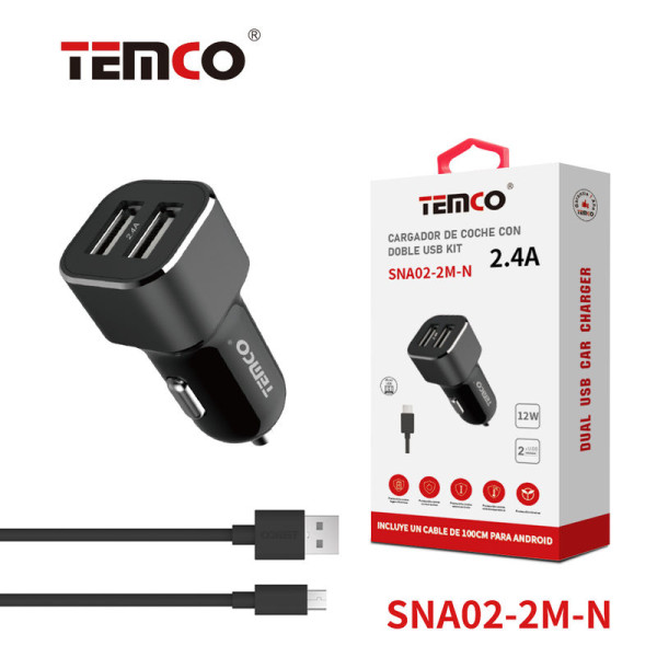 Cargador Coche 2xUSB 2.4 + Micro 2A 1m Negro