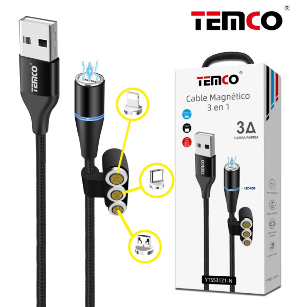 Cable Magnetico 3 en 1 Lightning/ Micro USB/ Tipo C Negro