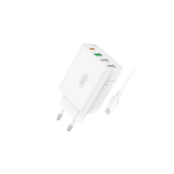 Cargador Con Tres Entrada Usb Y Uno Type-c Con Cable Usb A Micro XO-L120 En Blanco