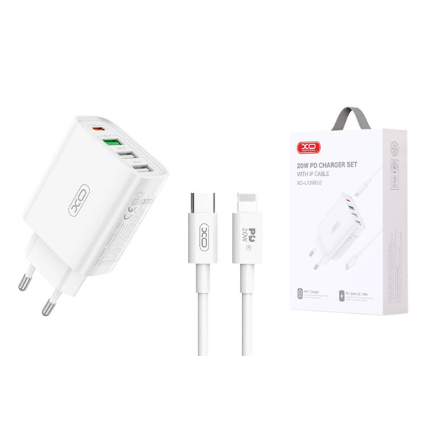 Cargador Con Tres Entrada Usb Y Uno Type-c Con Cable Type-c A Lighting XO-L120 En Blanco
