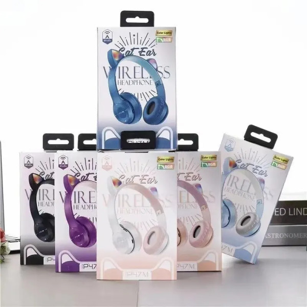 Casco inalámbricos P47M con orejas de gato, plegables, con micrófono, sonido estéreo y luces LED para niños y niñas