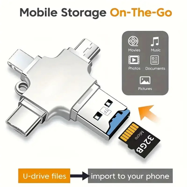 Lector de Tarjetas Micro SD 4 en 1 para iPhone, iPad, Android, Mac y PC, con Conectores Tipo C, USB y Lightning