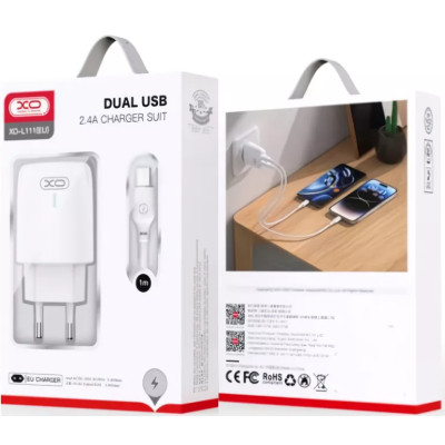L111(EU) Cargador con LED 2USB-A 2.4A con Cable Tipo C