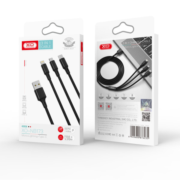 Cable USB NB173 3 en 1 2.4A 1.2m color negro