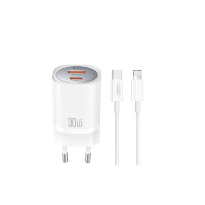 Cargador rápido CE21 (EU) 30W GaN con 1 USB-C y 1 USB-A y cable Lightning (NB-Q189A)