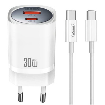 Cargador rápido CE21 (EU) 30W GaN con 1 USB-C y 1 USB-A y cable tipo C (NB-Q190A)
