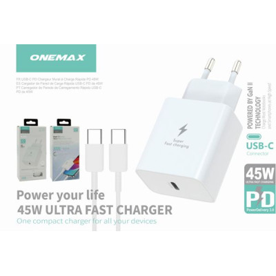 Cargador PD 45W de Carga Rapida con Cable USB - Type-C Blanco FSC125