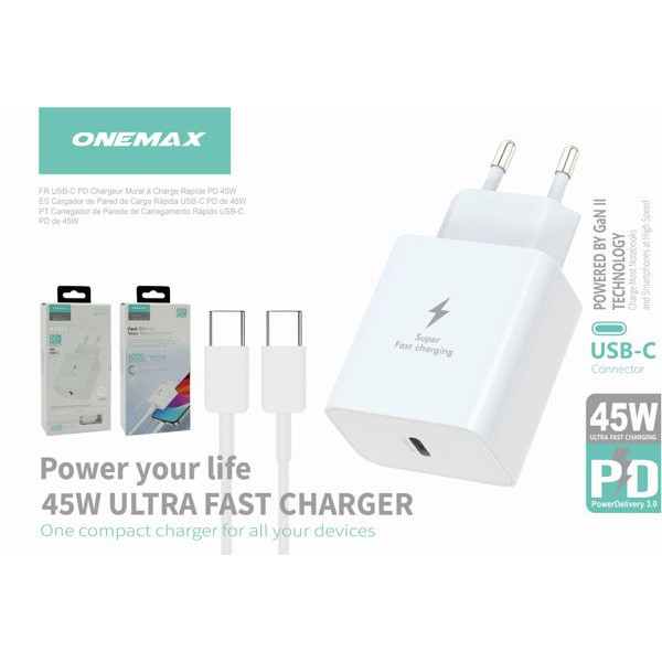 Cargador PD 45W de Carga Rapida con Cable USB - Type-C Blanco FSC125