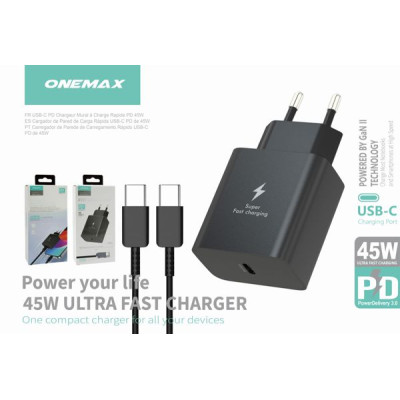 Cargador PD 45W de Carga Rapida con Cable USB - Type-C Negro FSC127