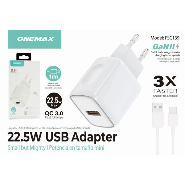 Cargador Rapido USB 22.5W con Cable USB a Type-C FSC139