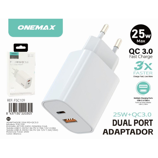 Adaptador Cargador 25W QC3.0 Type-C 25W FSC109