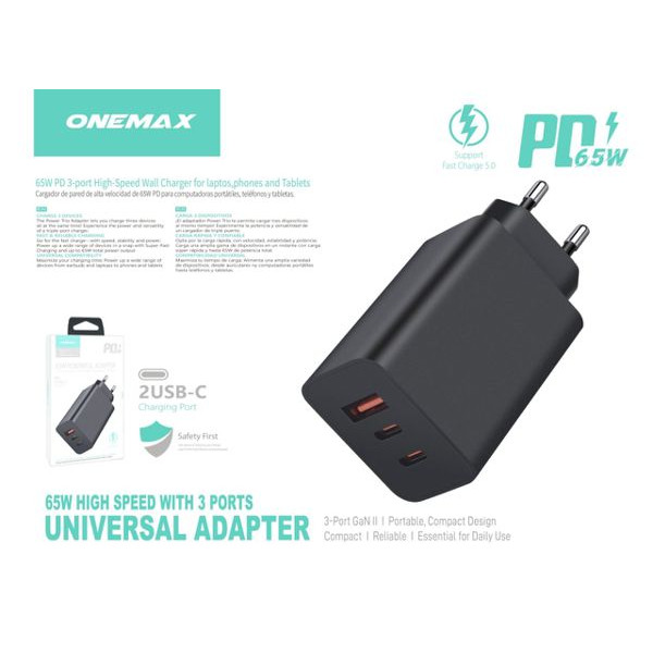 Adaptador Cargador Rapido Type-C 2 Port Type-C 65W FSC129