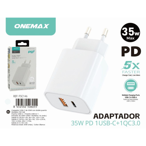 Adaptador Cargador con Puerto Dual PD 35 Type-C + QC3.0 FSC146